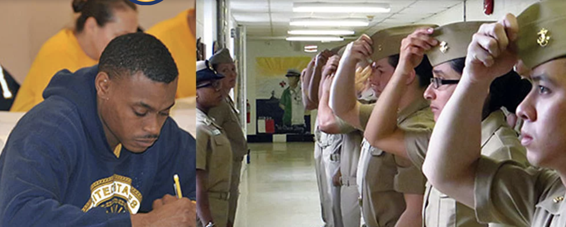 A student studying in a classroom and a group of midshipmen positioned at attention in uniform