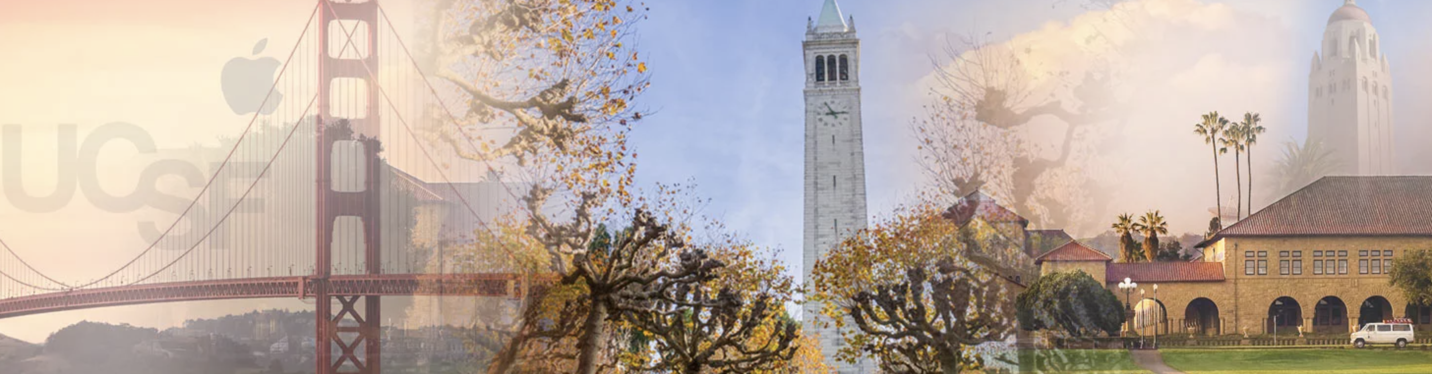 background images of golden gate bridge, UC Berkeley's Sather Tower and Stanford university campus buildings