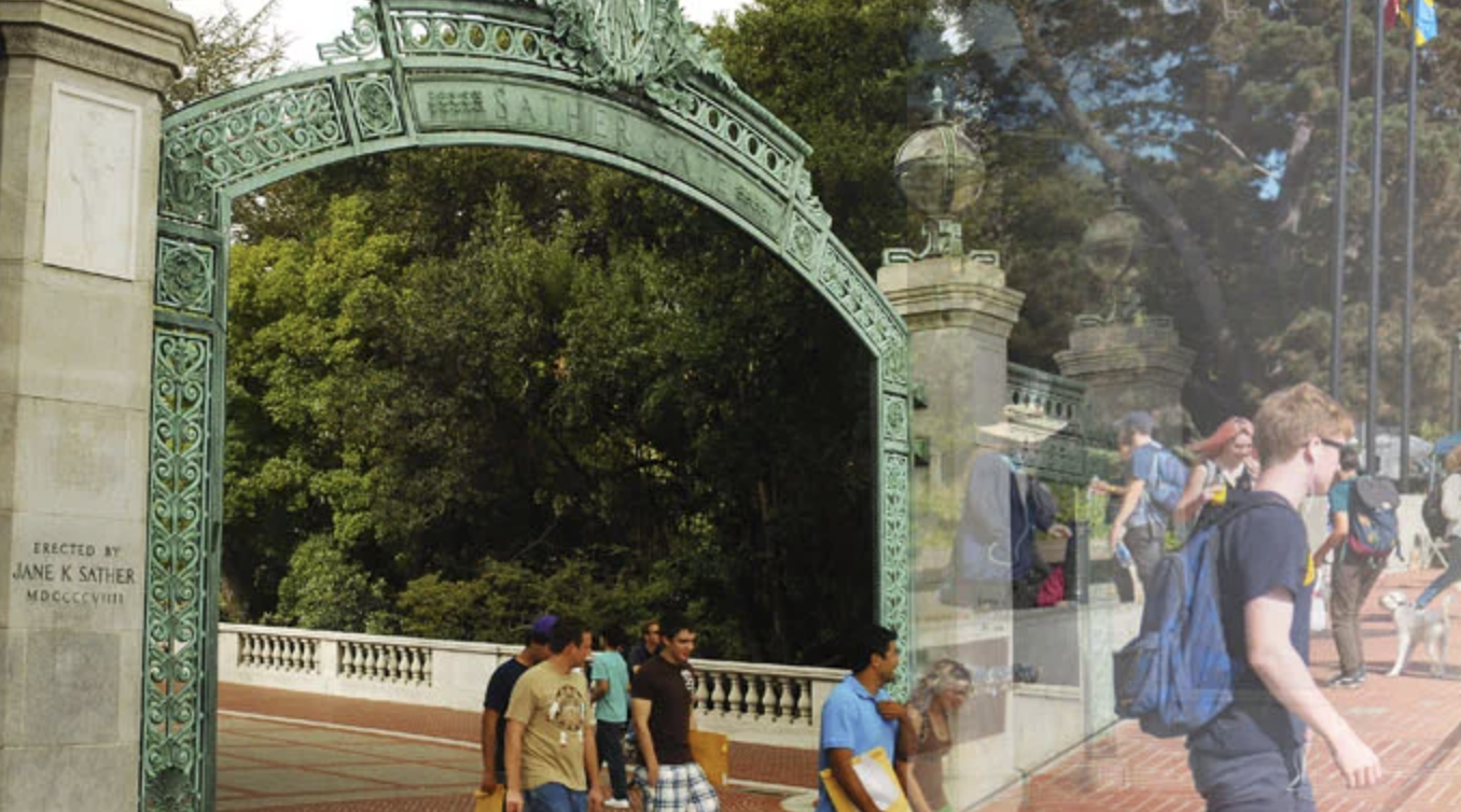 Background of UC Berkeley's Sather Gate with students walking on campus grounds